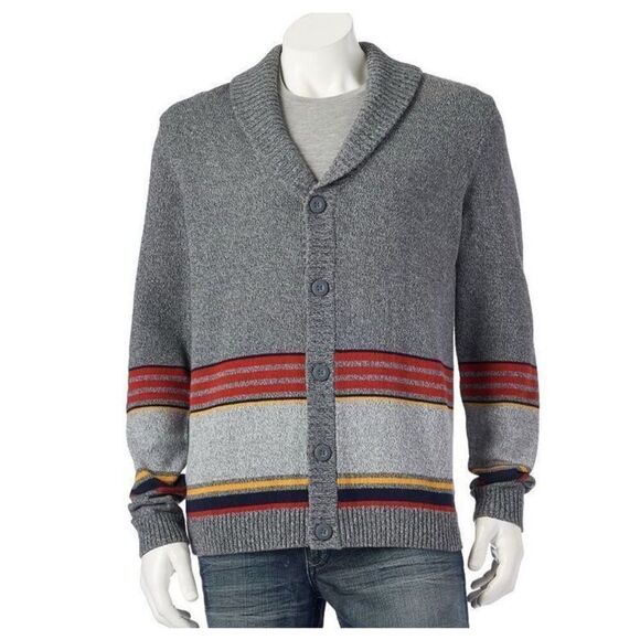 Urban Pipeline Grey Red Yellow Striped Bottom Button Cardigan Sweater Men’s Sz X - Picture 2 of 5